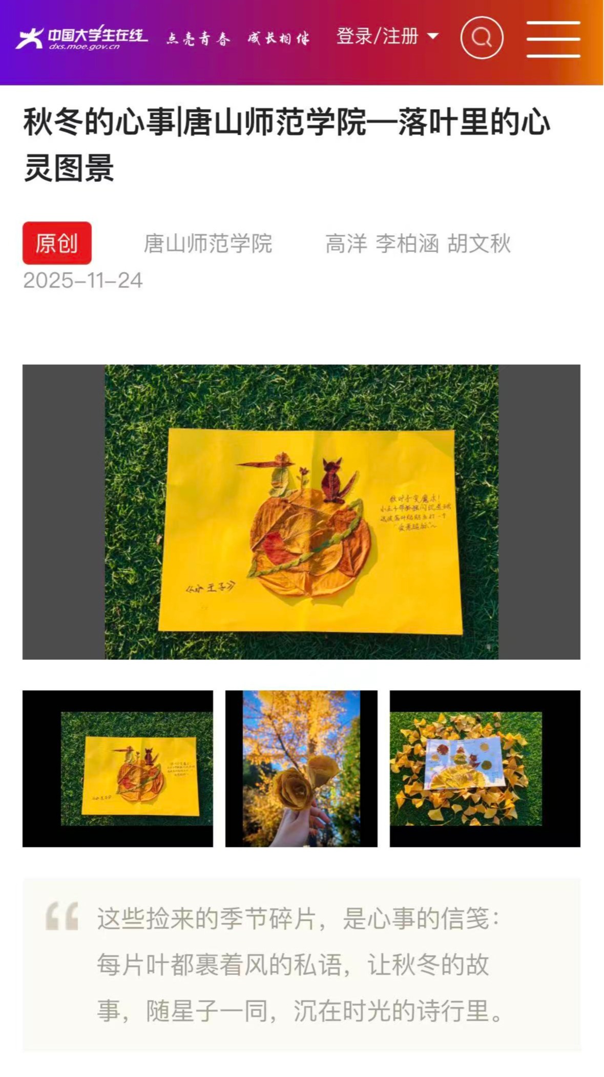 《中国大学生在线》——秋冬的心事|beat365官网—落叶里的心灵图景